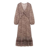 LIZAKOSHT  -  Floral Print Long Dress Women 2025 New Summer Elegant Loose V-neck Lace Up Midi Dresses Vintage Chic Boho Casual Party Dresses